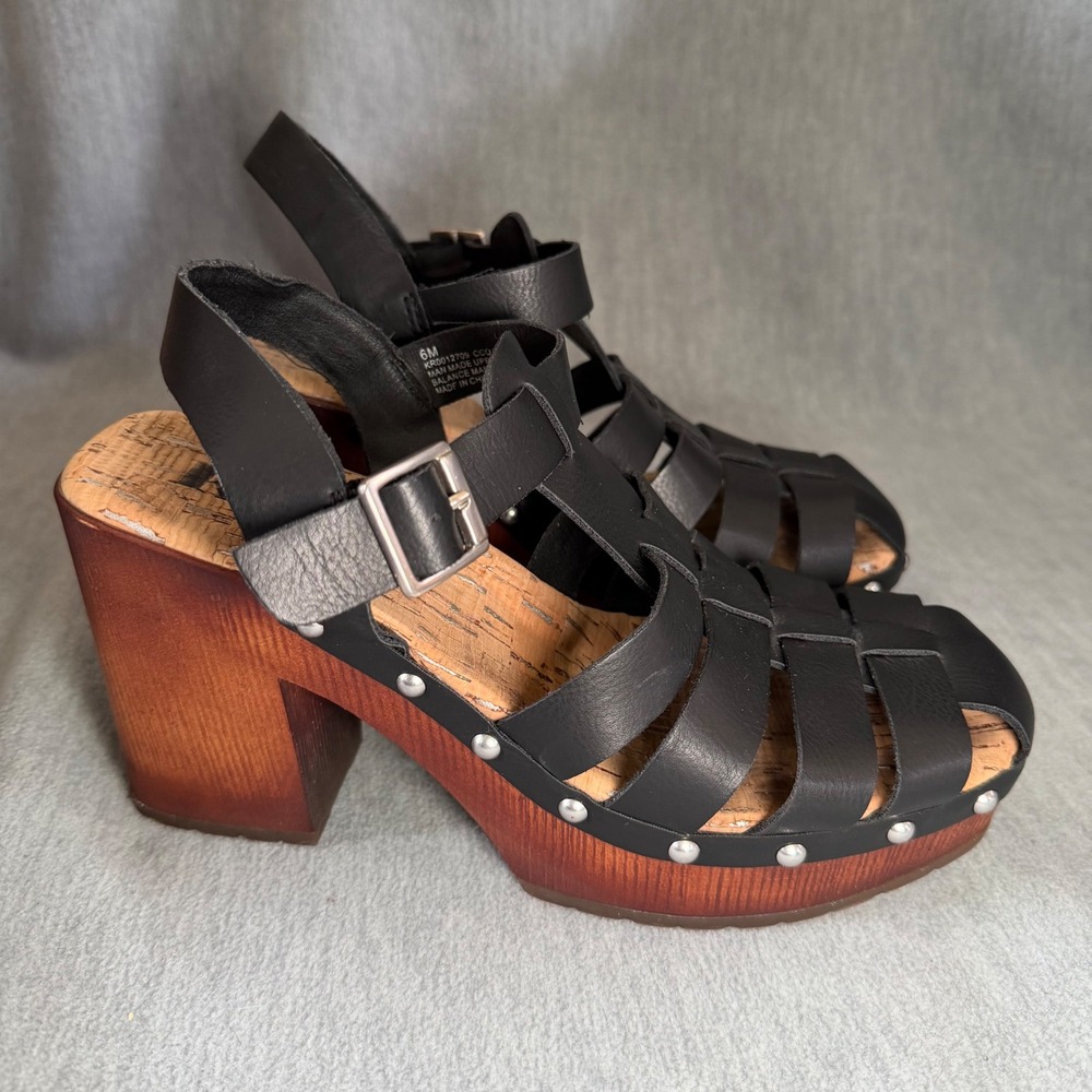 Korks Platform Sandals Women 6 Black Caged Fisherman Studded Wood Heel Y2K 90s